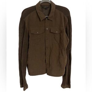 John Varvatos USA Army Green Button Collar Knit Jacket L Collar Menn